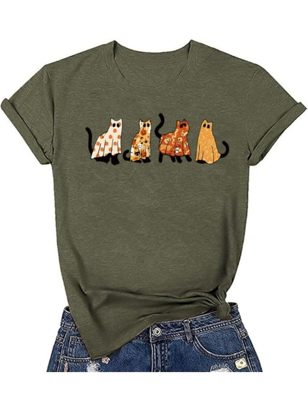 🆕 Women's Green Ghost Cats Pumpkin Fall Halloween Graphic Tee Shirt Top